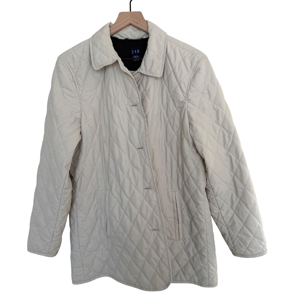 Gap Women's Quilted Chore Coat L Ivory Patch Pockets Collar